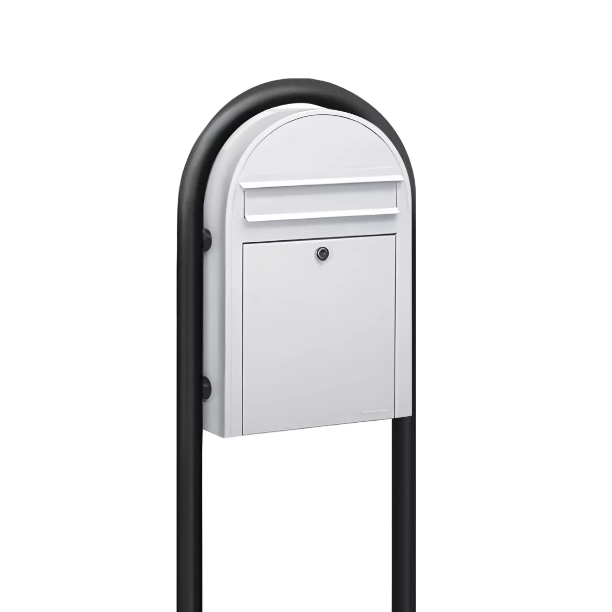 Bobi Classic Slim Front Access Modern Locking White Mailbox and Round Black Post Combo