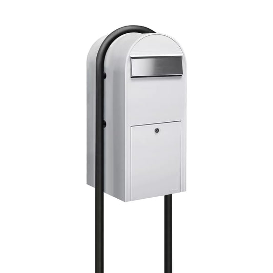 Bobi Jumbo Front Access Package White Mailbox with Stainless Steel Mail Slot and Round Black Post Combo