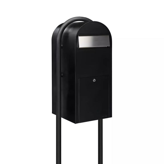 Bobi Jumbo Front Access Package Black Mailbox with Stainless Steel Mail Slot and Round Black Post Combo