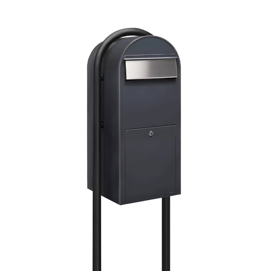 Bobi Jumbo Front Access Package Grey Mailbox with Stainless Steel Mail Slot and Round Black Post Combo