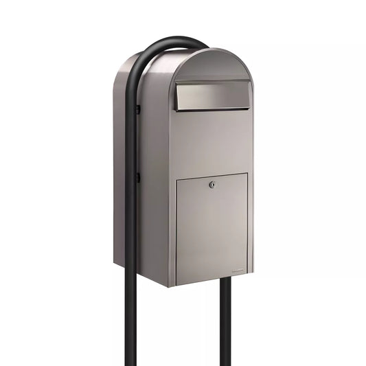 Bobi Jumbo Front Access Package Stainless Steel Mailbox and Round Black Post Combo