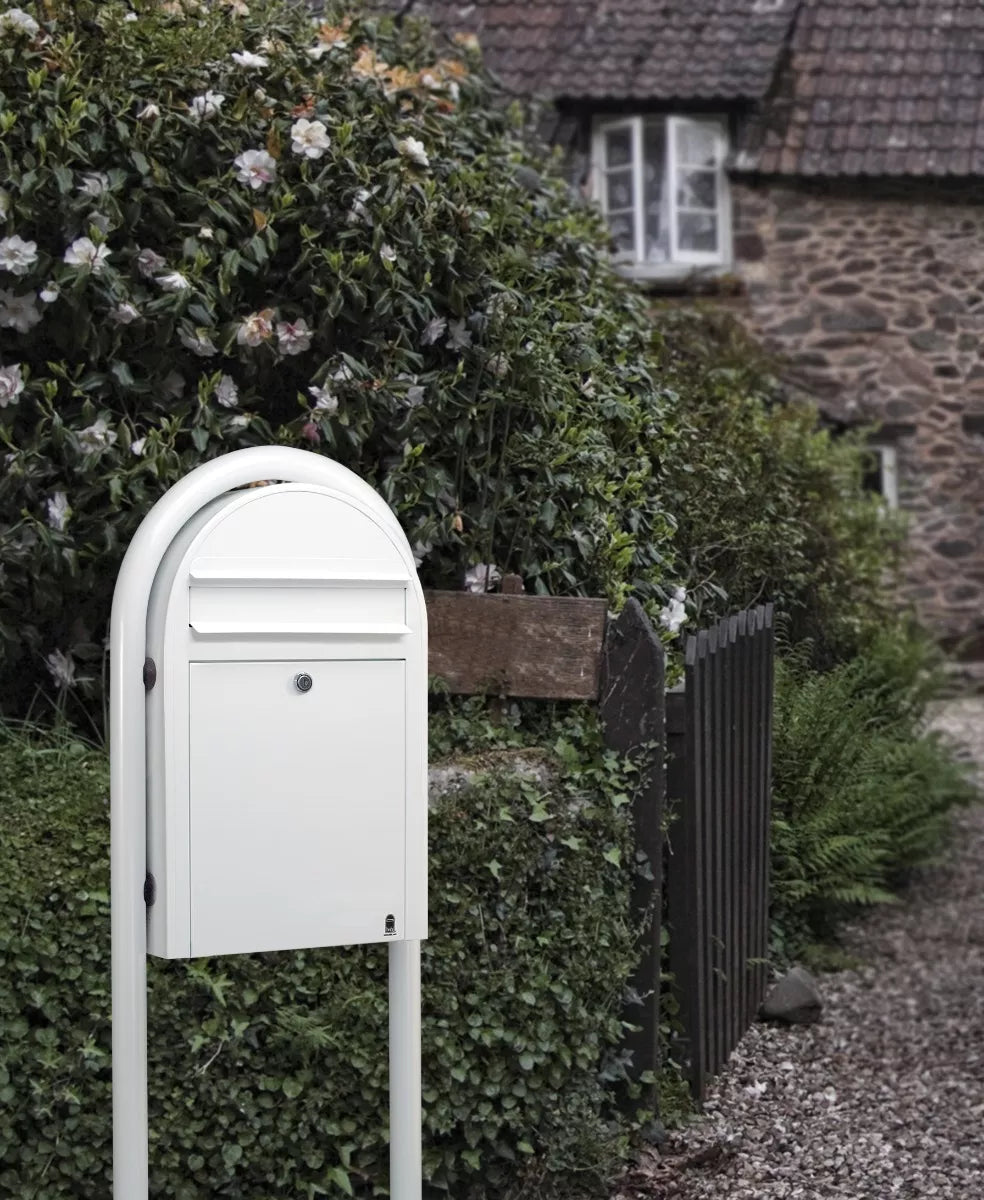 Bobi Classic Slim Front Access Modern Locking White Mailbox and Round White Post Combo