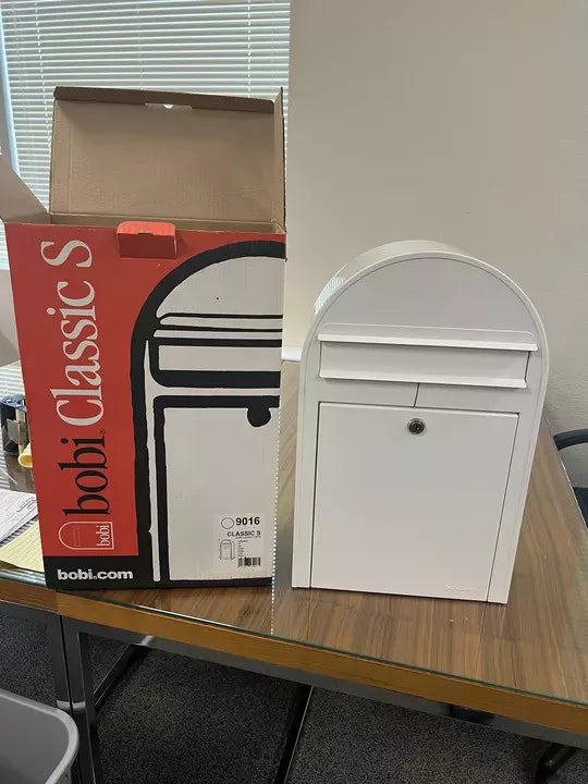Bobi Classic Slim Front Access Modern Locking White Mailbox and Round Black Post Combo