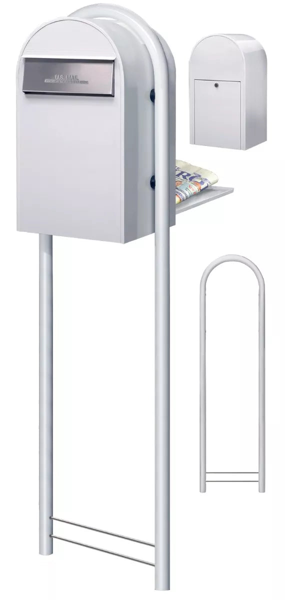 Bobi Grande B Rear Access Modern Locking White Mailbox with Round White Post Combo – Stainless Steel Mail Slot – Secure Small Parcel Delivery