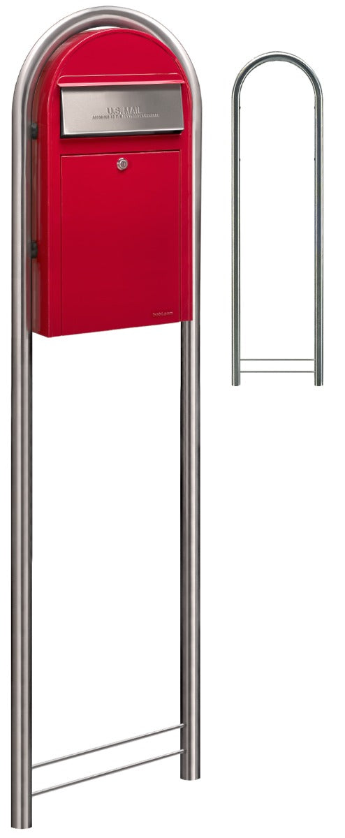 USPS Approved Bobi Grande Slim Front Access Modern Locking Red Mailbox with Round Stainless Steel Post Combo