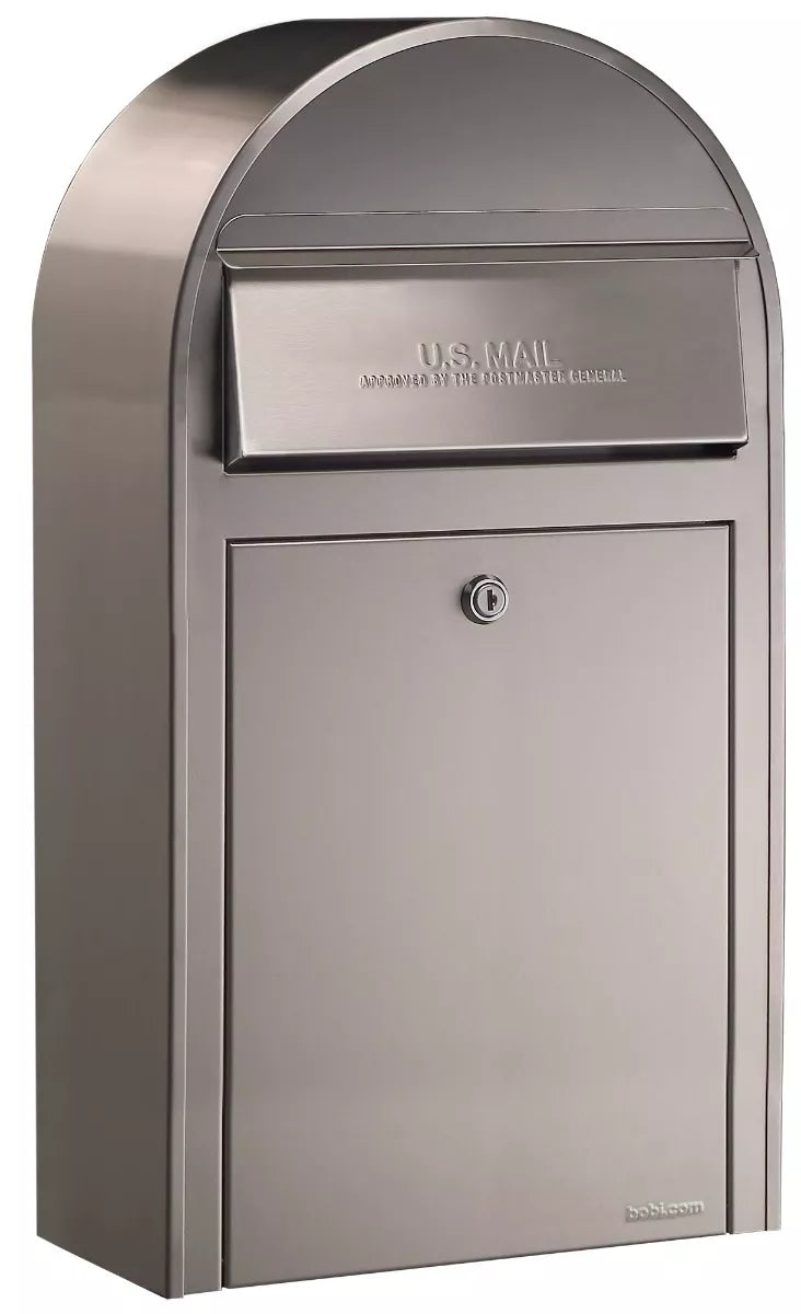 Bobi Grande Slim Front Access Modern Locking Stainless Steel Mailbox with Round Grey Post Combo