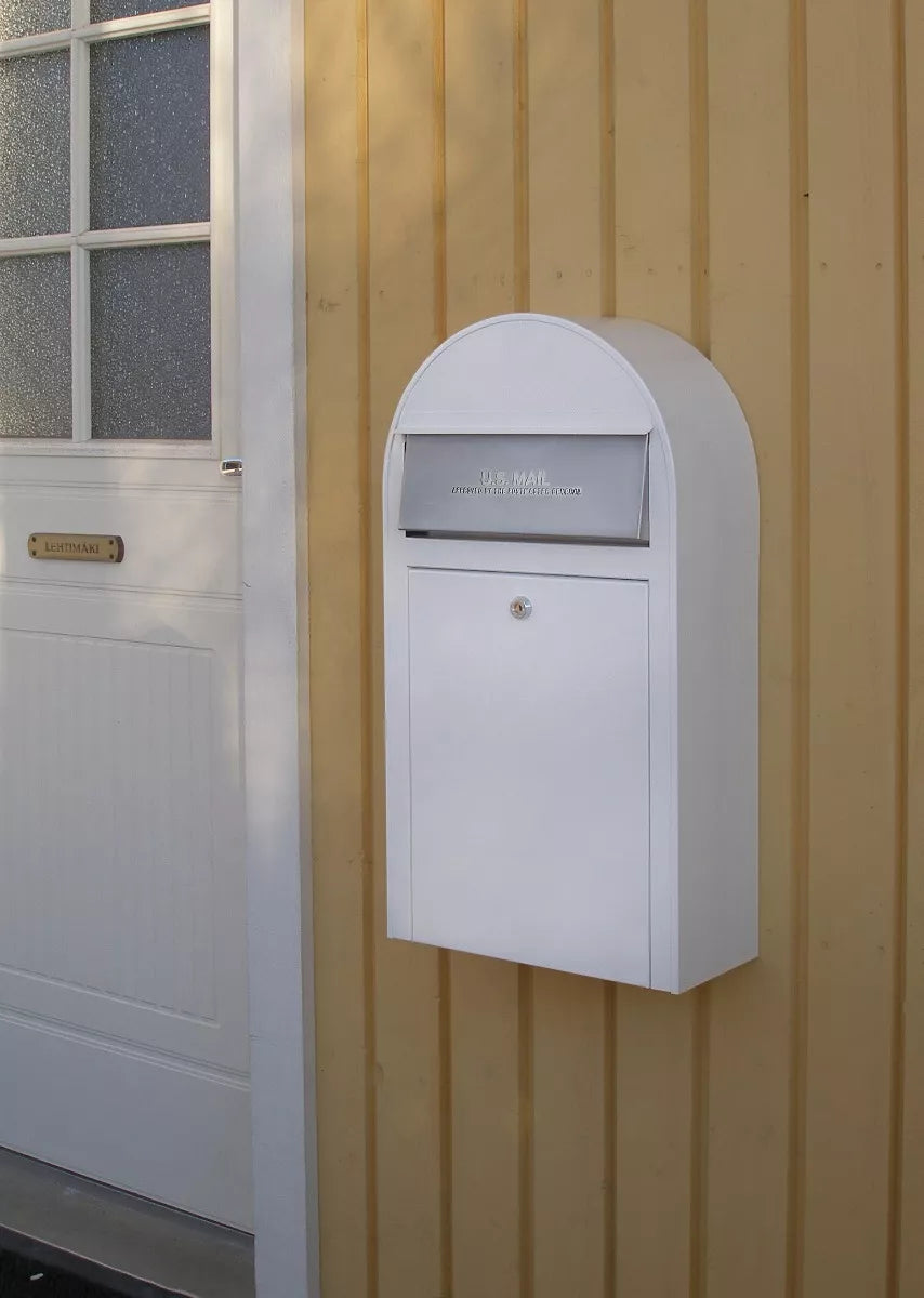 USPS Approved Bobi Grande Slim Front Access Modern Locking White Mailbox with Stainless Steel Mail Slot and Round Green Post Combo