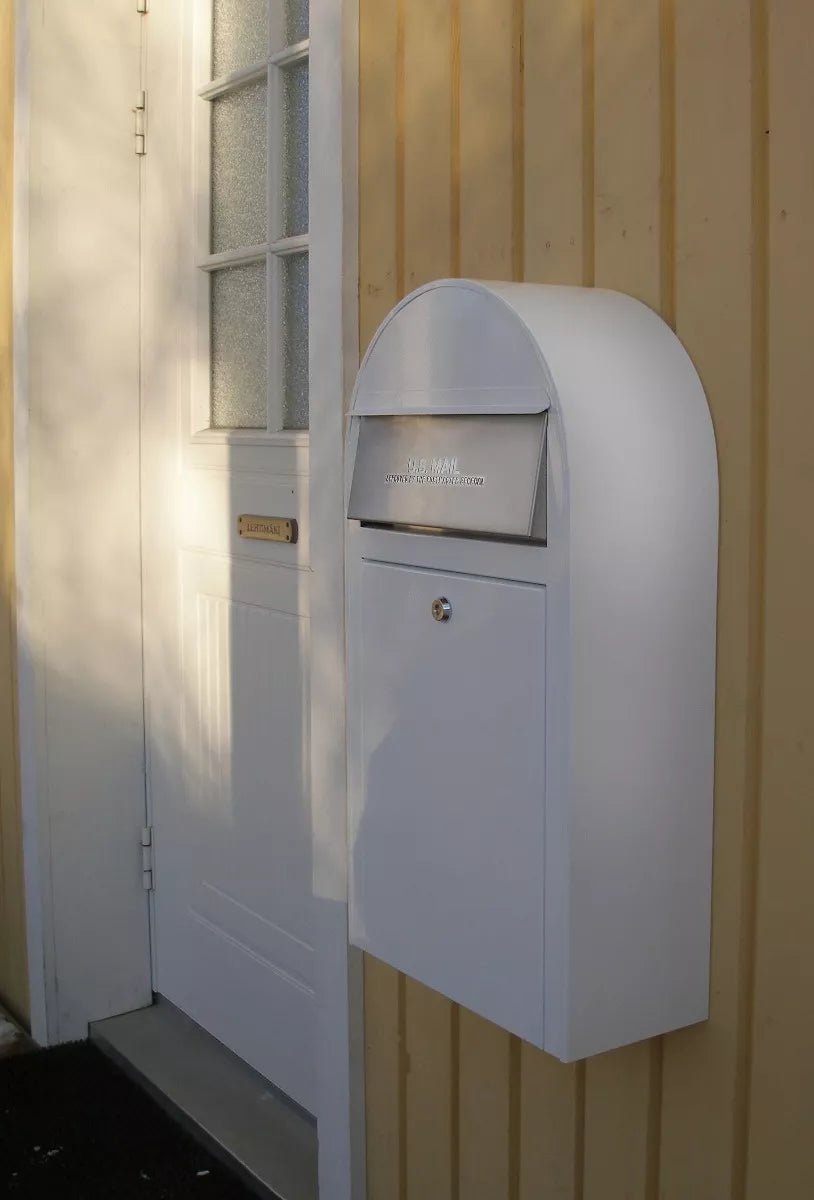 USPS Approved Bobi Grande Slim Front Access Modern Locking White Mailbox with Stainless Steel Mail Slot and Round Green Post Combo
