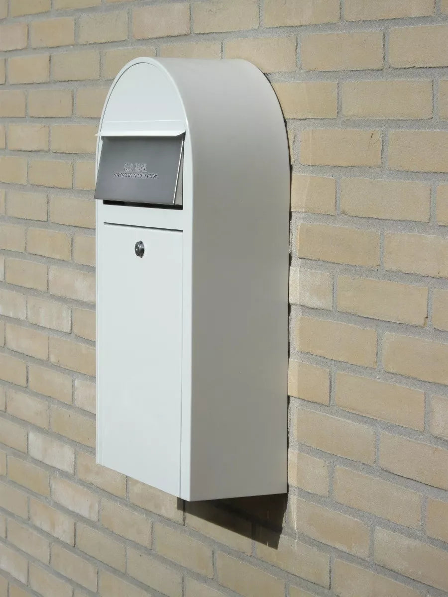 USPS Approved Bobi Grande Slim Front Access Modern Locking White Mailbox with Stainless Steel Mail Slot and Round Green Post Combo