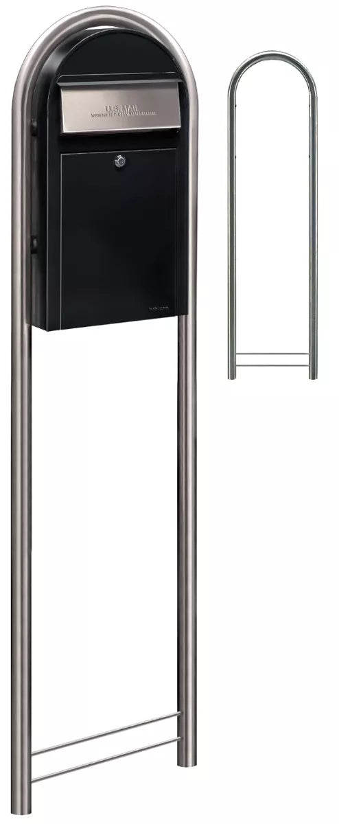 USPS Approved Bobi Grande Slim Front Access Modern Locking Black Mailbox with Round Stainless Steel Post Combo