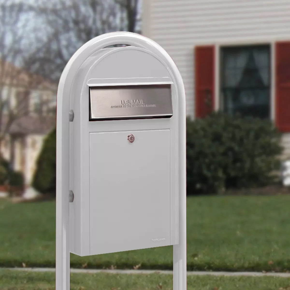 USPS Approved Bobi Grande Slim Front Access Modern Locking White Mailbox with Round White Post Combo