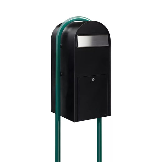 Bobi Jumbo Front Access Package Black Mailbox with Stainless Steel Mail Slot and Round Green Post Combo