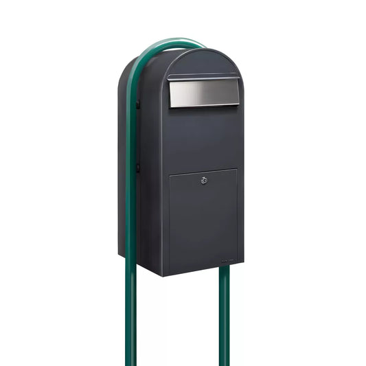 Bobi Jumbo Front Access Package Grey Mailbox with Stainless Steel Mail Slot and Round Green Post Combo