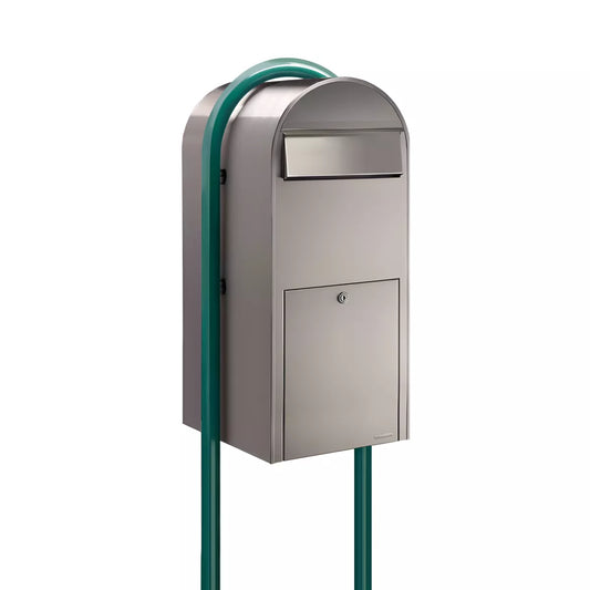 Bobi Jumbo Front Access Package Stainless Steel Mailbox and Round Green Post Combo