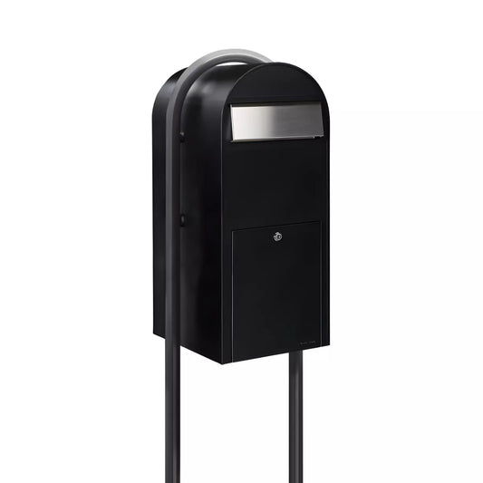 Bobi Jumbo Front Access Package Black Mailbox with Stainless Steel Mail Slot and Round Grey Post Combo