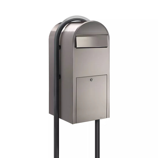 Bobi Jumbo Front Access Package Stainless Steel Mailbox and Round Grey Post Combo