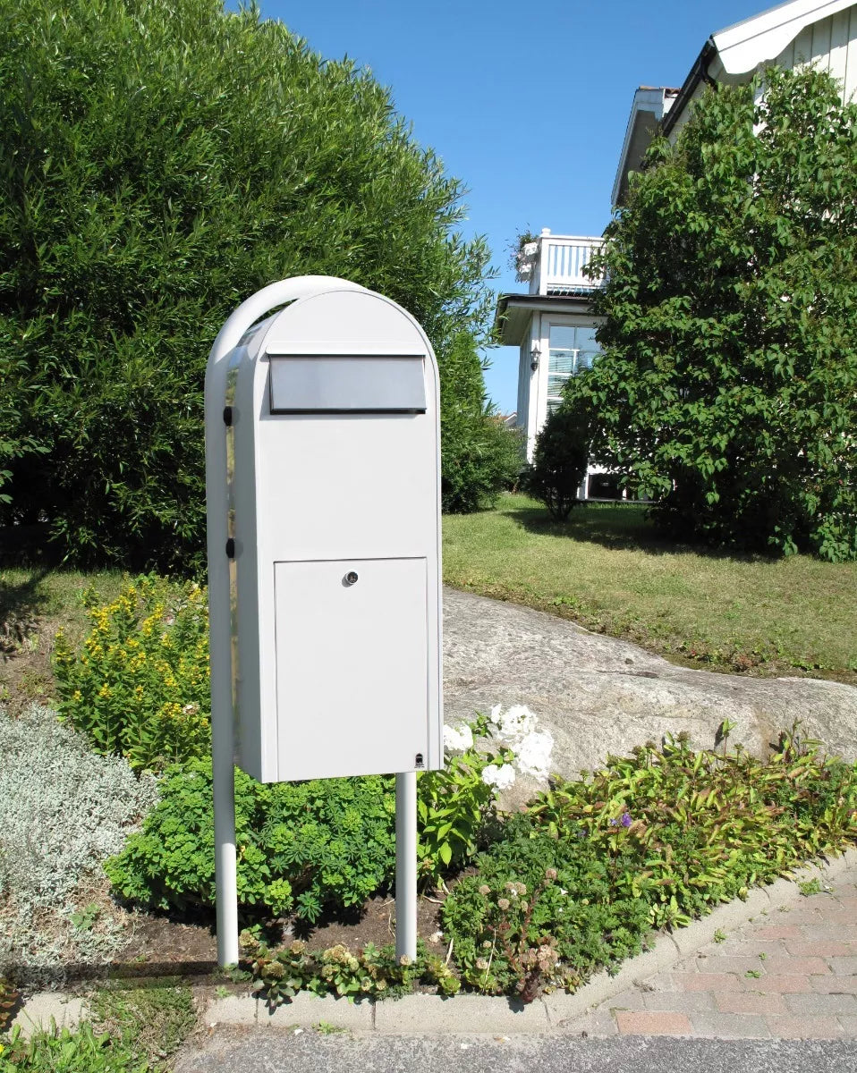 Bobi Jumbo Front Access Package White Mailbox with Stainless Steel Mail Slot and Round White Post Combo