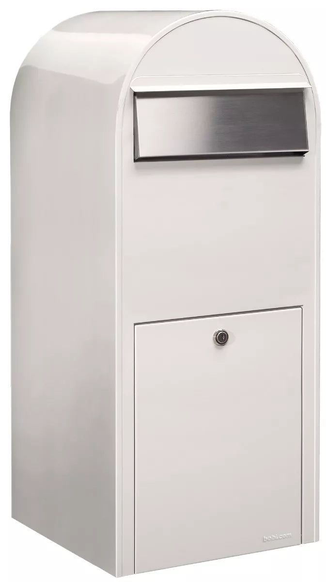 Bobi Jumbo Front Access Package White Mailbox and Round Stainless Steel Post Combo