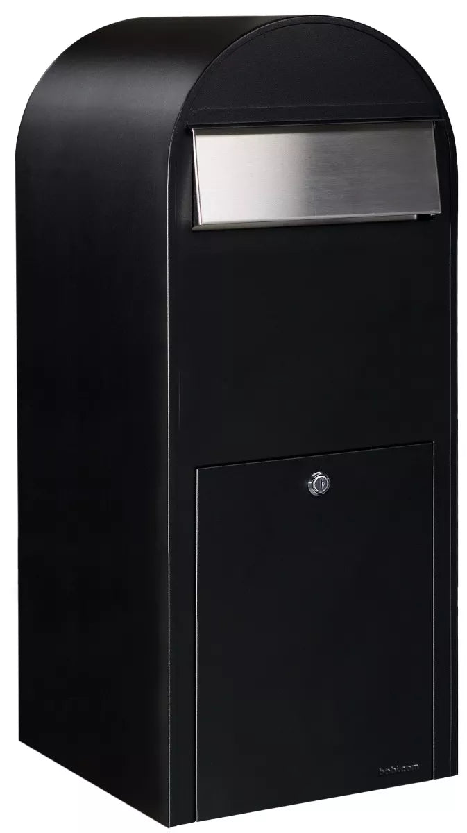 Bobi Jumbo Front Access Package Black Mailbox with Stainless Steel Mail Slot and Round Black Post Combo
