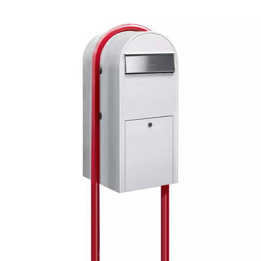 Bobi Jumbo Front Access Package White Mailbox with Stainless Steel Mail Slot and Round Red Post Combo