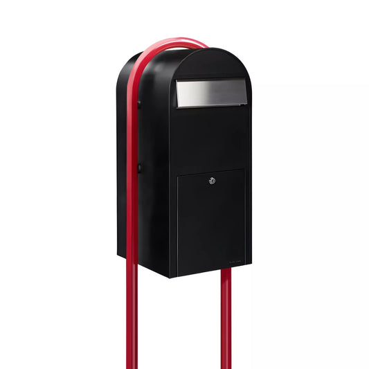 Bobi Jumbo Front Access Package Black Mailbox with Stainless Steel Mail Slot and Round Red Post Combo