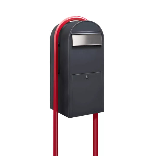 Bobi Jumbo Front Access Package Grey Mailbox with Stainless Steel Mail Slot and Round Red Post Combo