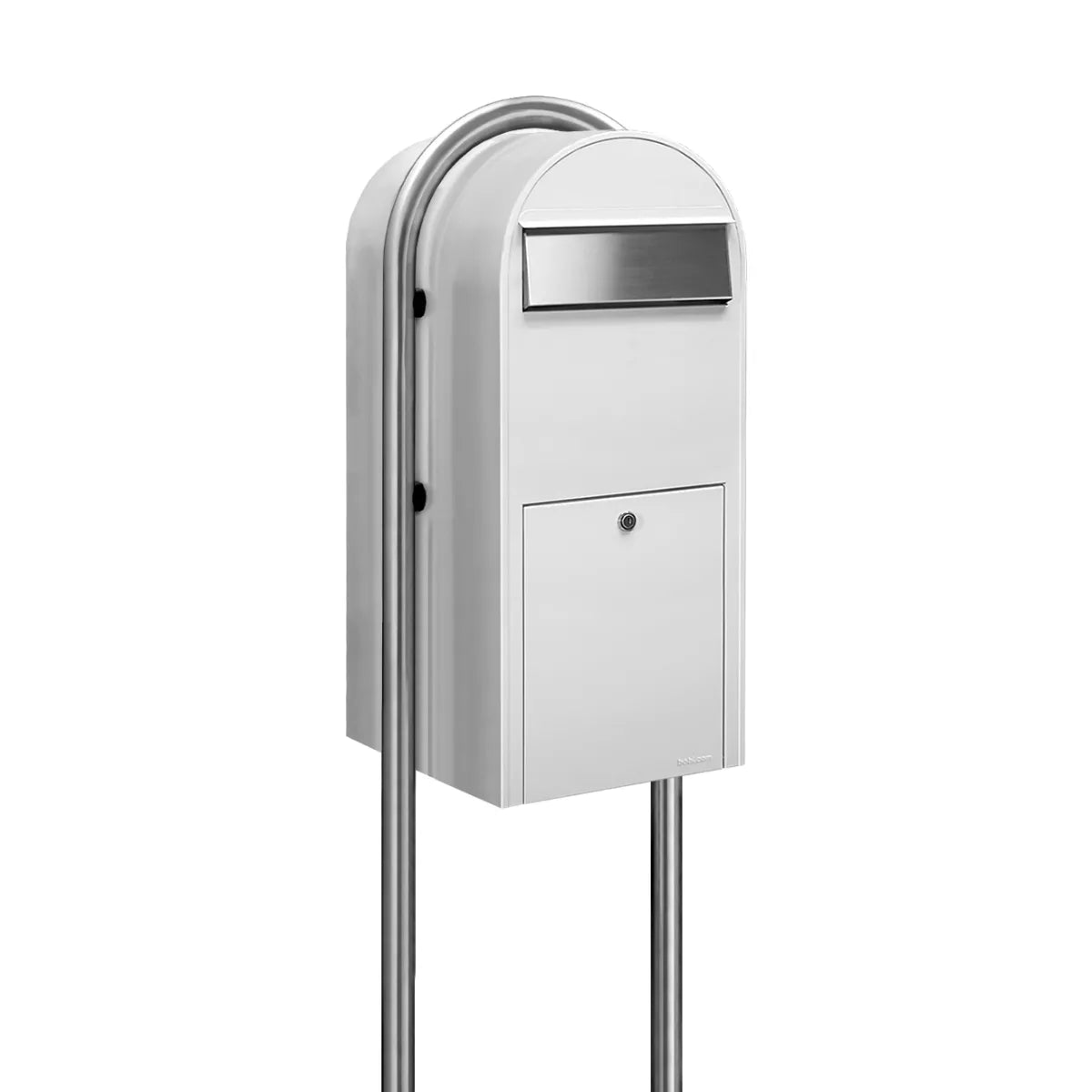 Bobi Jumbo Front Access Package White Mailbox and Round Stainless Steel Post Combo