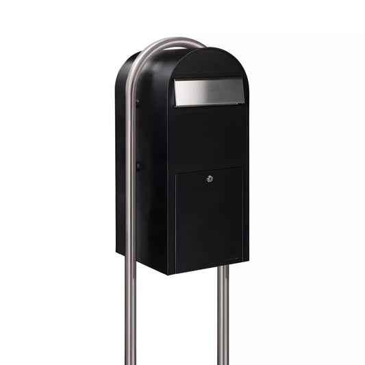 Bobi Jumbo Front Access Package Black Mailbox with Stainless Steel Mail Slot and Round Stainless Steel Post Combo