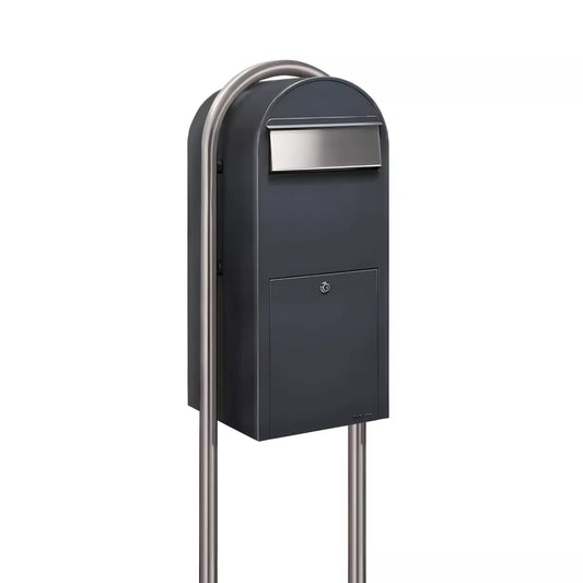 Bobi Jumbo Front Access Package Grey Mailbox and Round Stainless Steel Post Combo