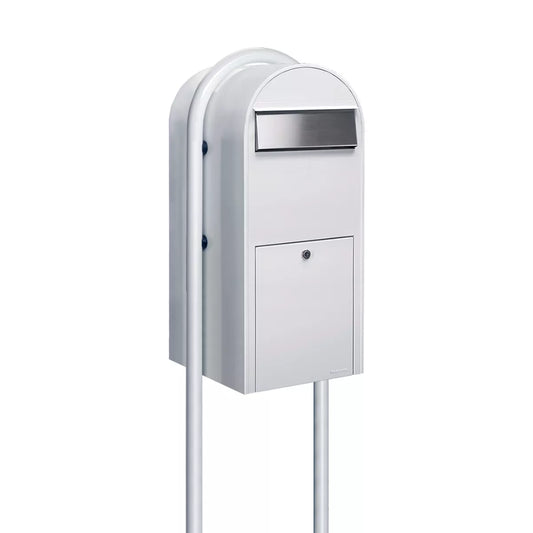 Bobi Jumbo Front Access Package White Mailbox with Stainless Steel Mail Slot and Round White Post Combo