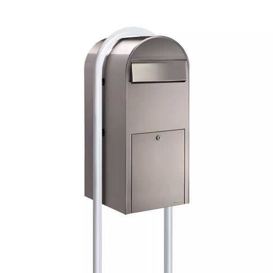 Bobi Jumbo Front Access Package Stainless Steel Mailbox and Round White Post Combo