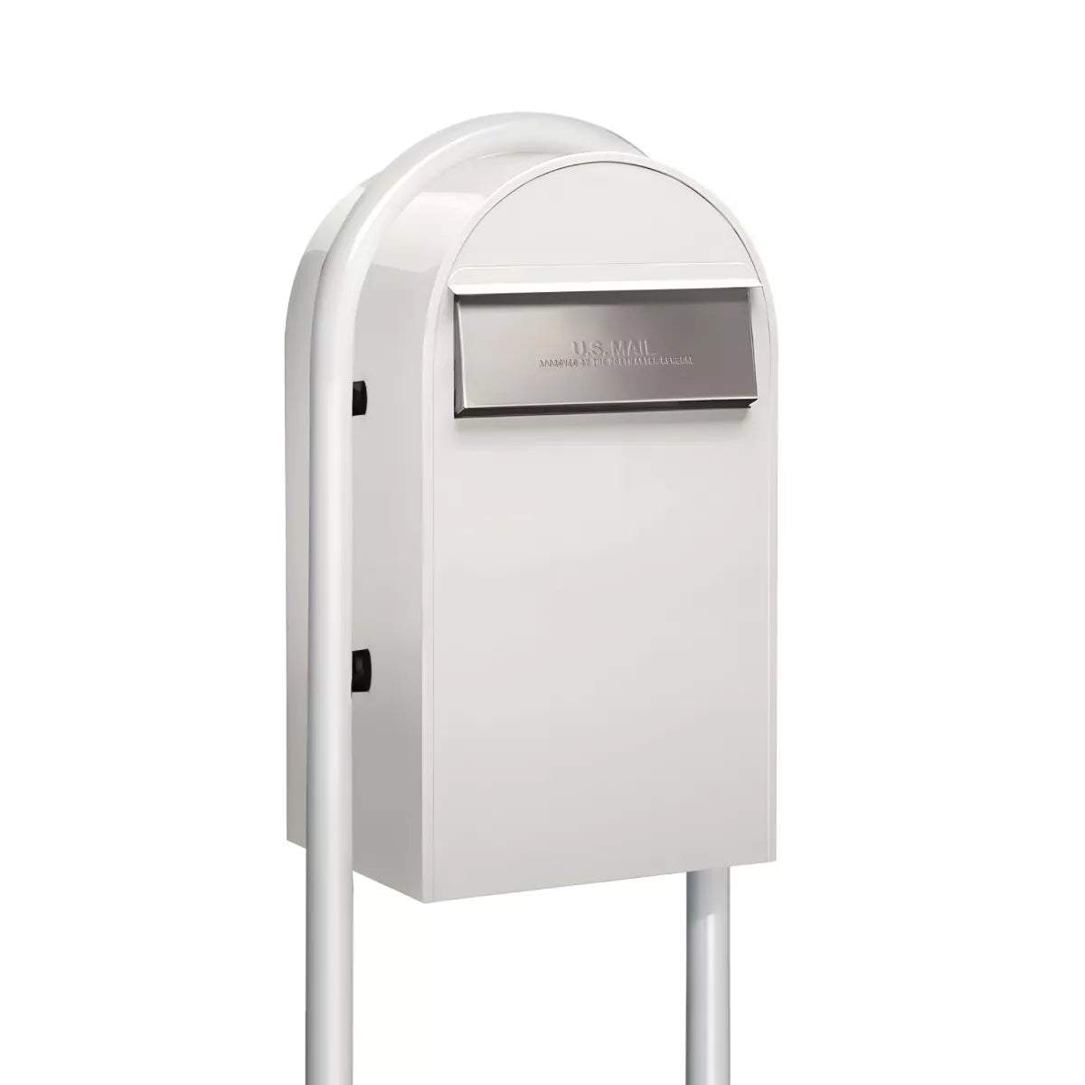 Bobi Grande B Rear Access Modern Locking White Mailbox with Round White Post Combo – Stainless Steel Mail Slot – Secure Small Parcel Delivery
