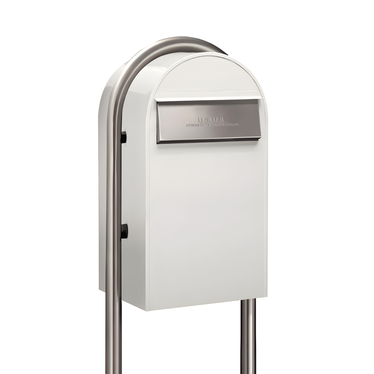 Bobi Grande B Rear Access Modern Locking White Mailbox with Round Zinc Post Combo - Stainless Steel Mail Slot - Secure Small Parcel Delivery