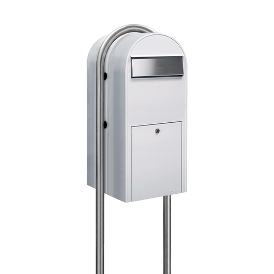 Bobi Jumbo Front Access Package White Mailbox with Stainless Steel Mail Slot and Round Zinc Post Combo