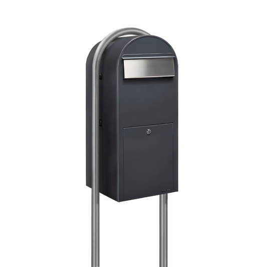 Bobi Jumbo Front Access Package Grey Mailbox with Stainless Steel Mail Slot and Round Zinc Post Combo