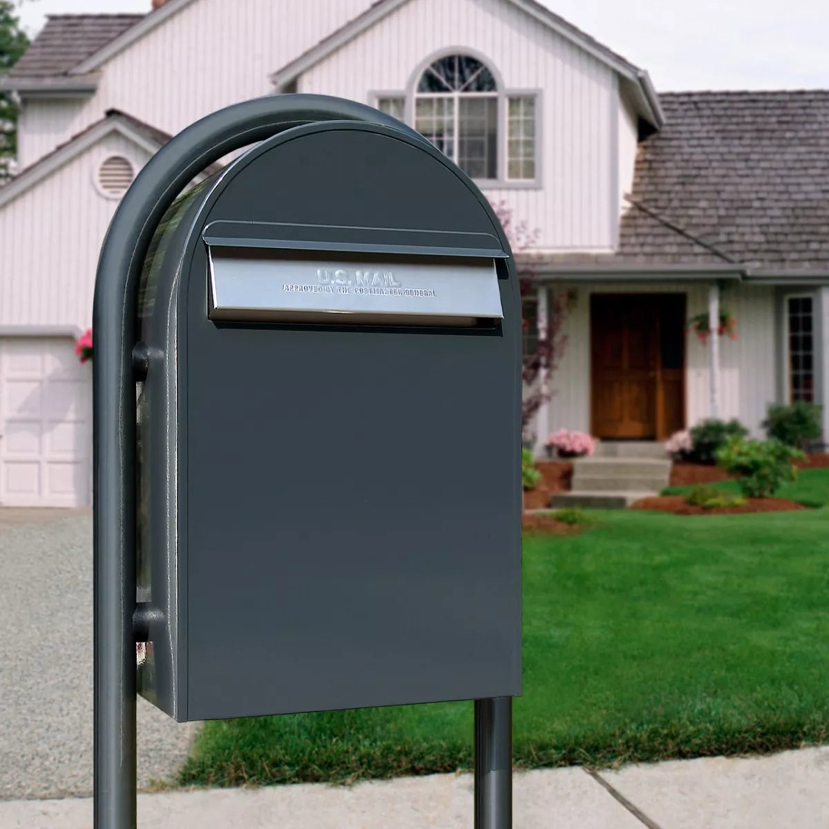 bobi classic b grey mailbox and post edited in front of a house for reference