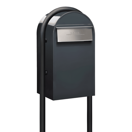 Bobi Grande B Rear Access Modern Locking Grey Mailbox with Round Black Post Combo - Secure Small Parcel Delivery