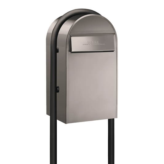 Bobi Grande B Rear Access Modern Locking Stainless Steel Mailbox with Round Black Post Combo - Secure Small Parcel Delivery