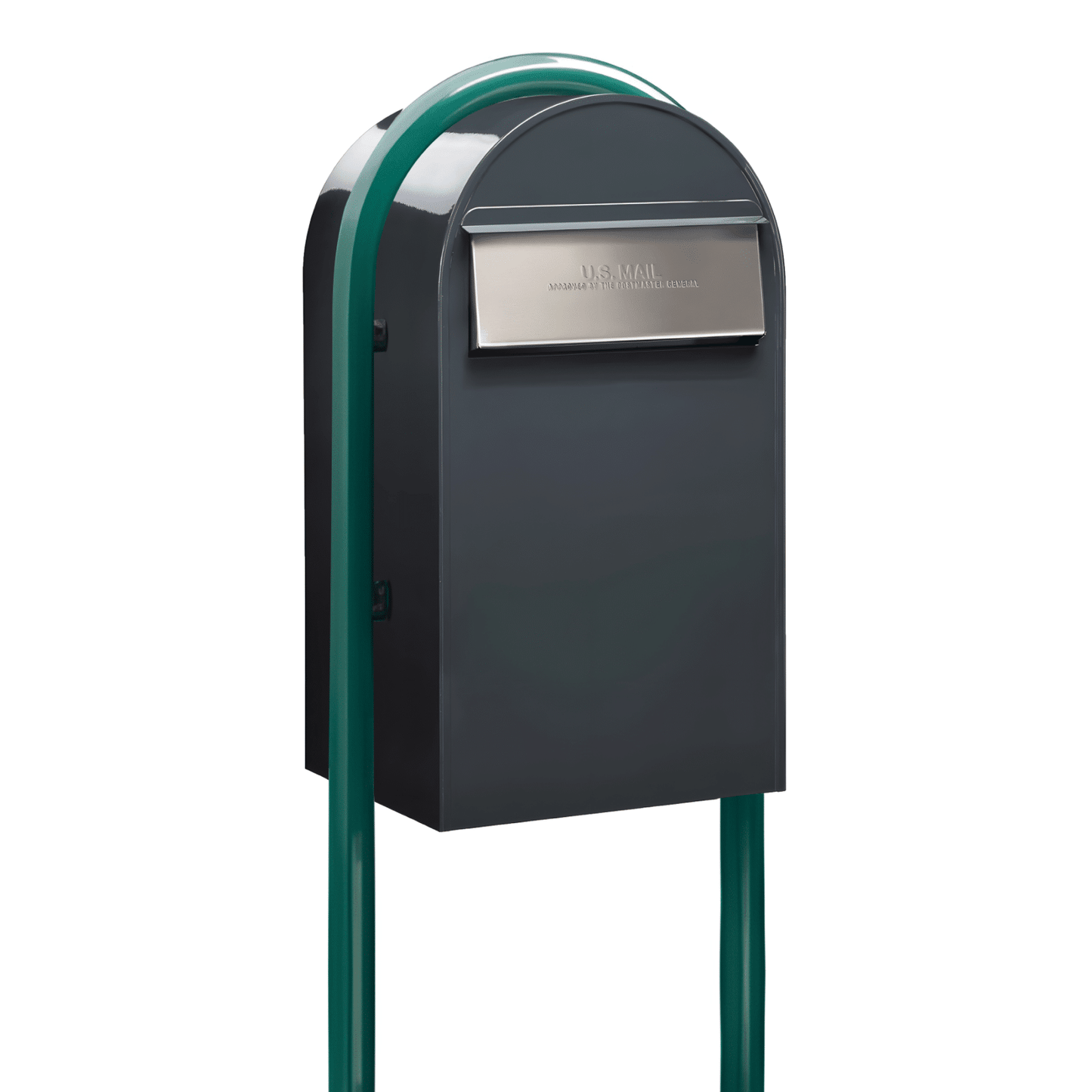 Bobi Grande B Rear Access Modern Locking Grey Mailbox with Round Green Post Combo - Secure Small Parcel Delivery