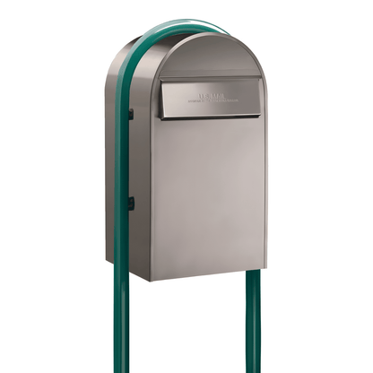 Bobi Grande B Rear Access Modern Locking Stainless Steel Mailbox with Round Green Post Combo - Secure Small Parcel Delivery