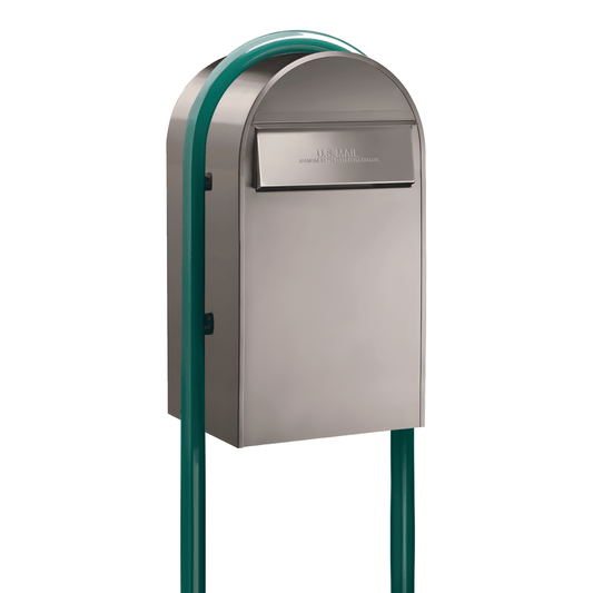 Bobi Grande B Rear Access Modern Locking Stainless Steel Mailbox with Round Green Post Combo - Secure Small Parcel Delivery