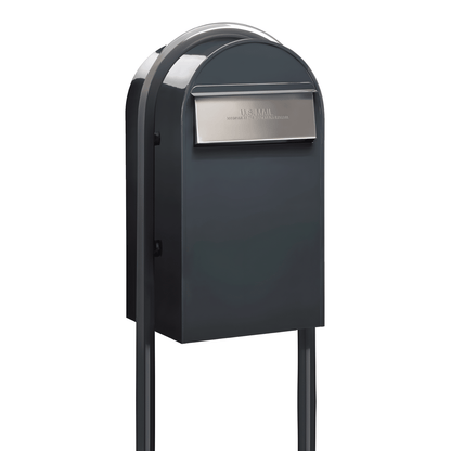 Bobi Grande B Rear Access Modern Locking Grey Mailbox with Round Grey Post Combo - Secure Small Parcel Delivery