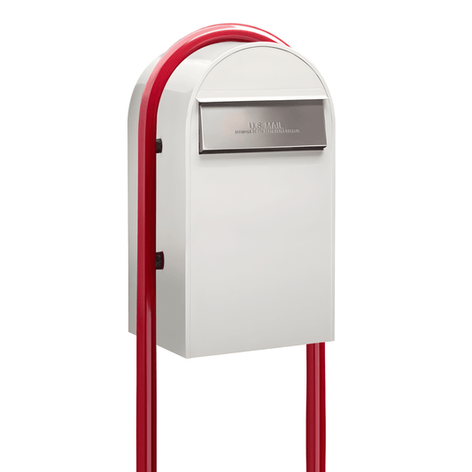 Bobi Grande B Rear Access Modern Locking White Mailbox with Round Red Post Combo - Secure Small Parcel Delivery