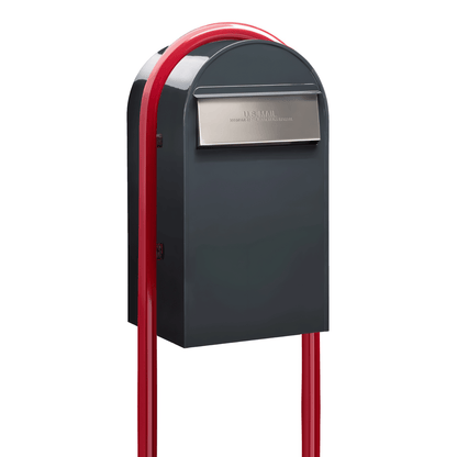 Bobi Grande B Rear Access Modern Locking Grey Mailbox with Round Red Post Combo - Secure Small Parcel Delivery