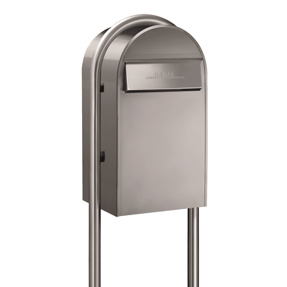 Bobi Grande B Rear Access Modern Locking Stainless Steel Mailbox with Round Stainless Steel Post Combo - Secure Small Parcel Delivery