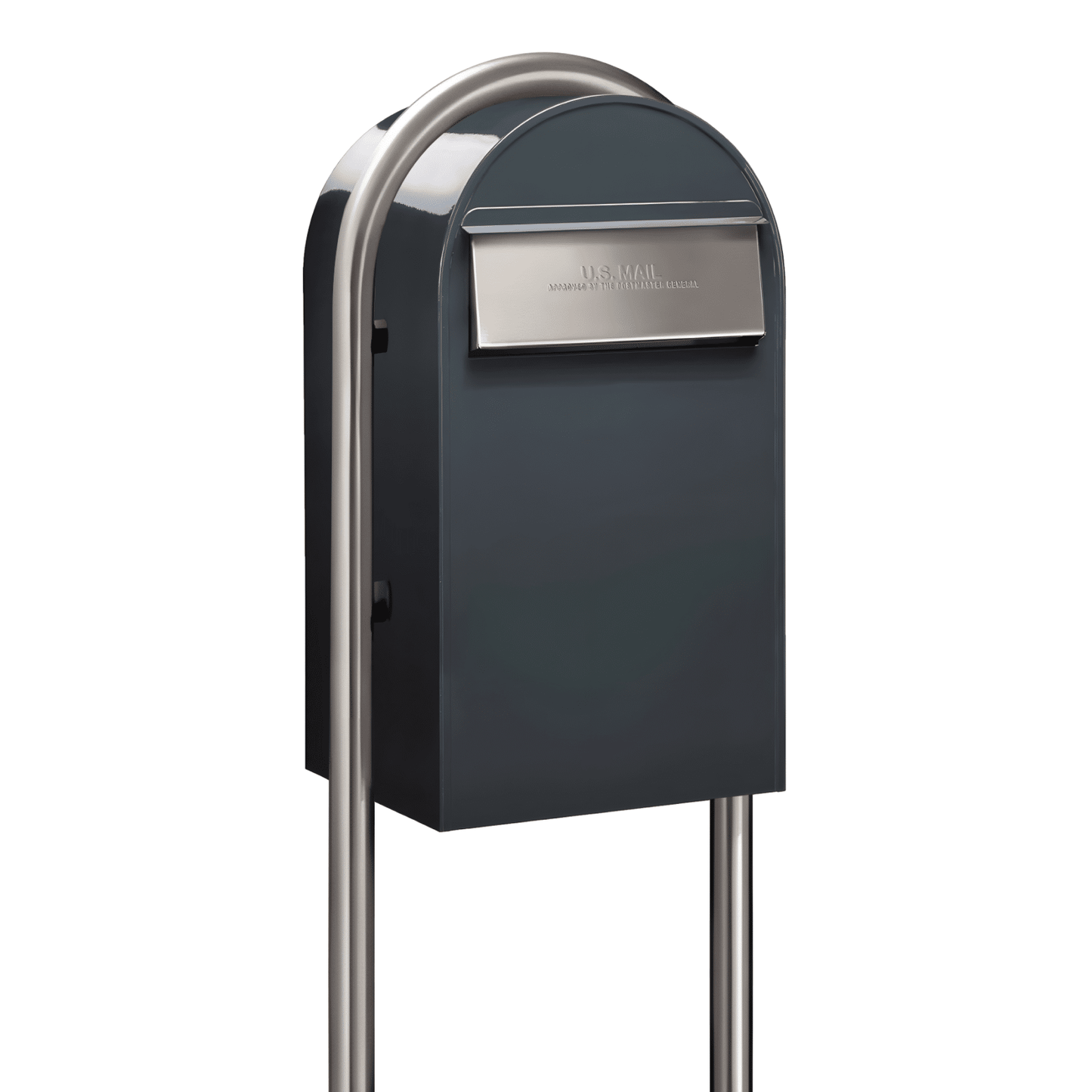 Bobi Grande B Rear Access Modern Locking Grey Mailbox with Round Stainless Steel Post Combo - Secure Small Parcel Delivery