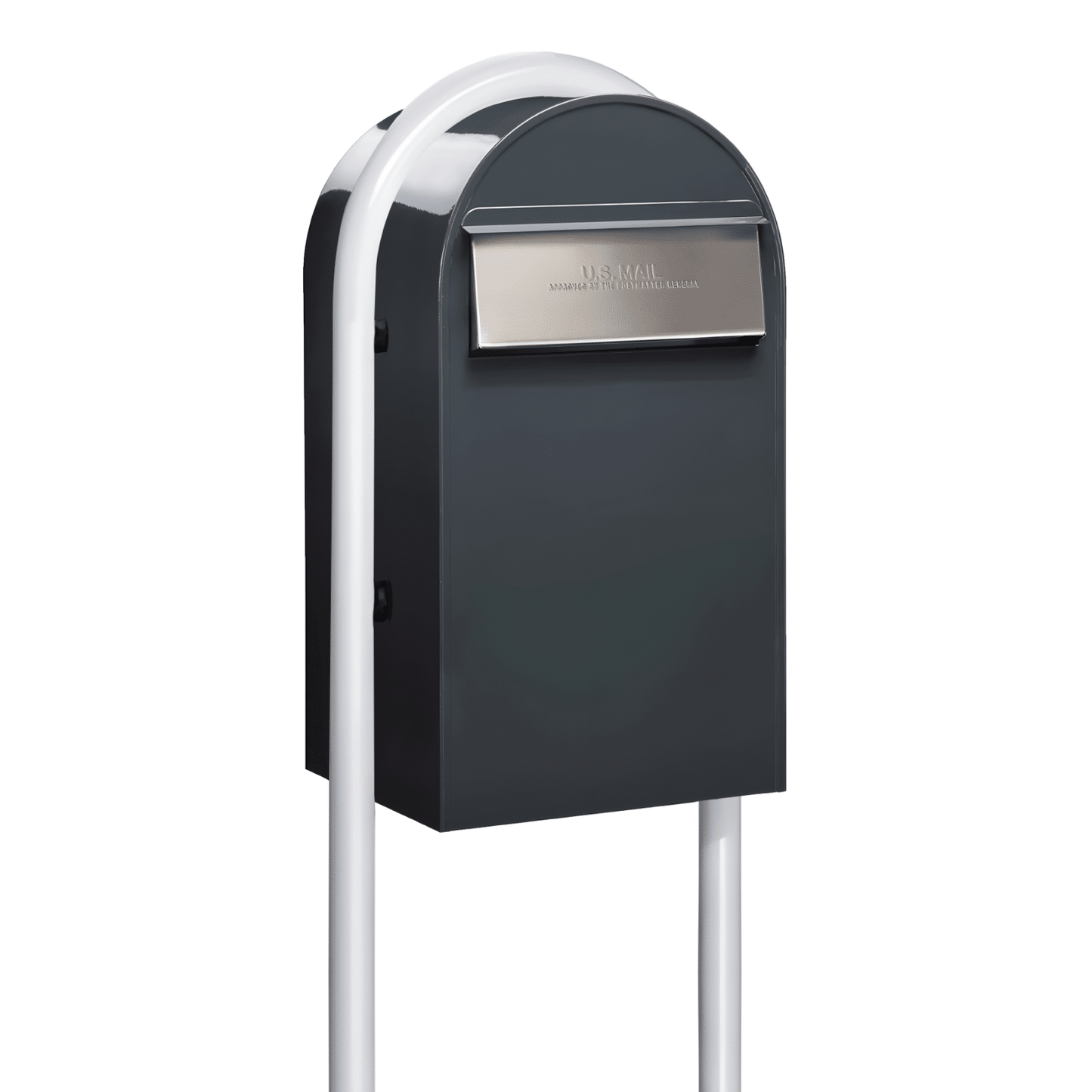 Bobi Grande B Rear Access Modern Locking Grey Mailbox with Round White Post Combo - Secure Small Parcel Delivery