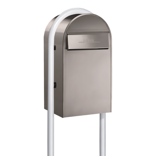 Bobi Grande B Rear Access Modern Locking Stainless Steel Mailbox with Round White Post Combo - Secure Small Parcel Delivery