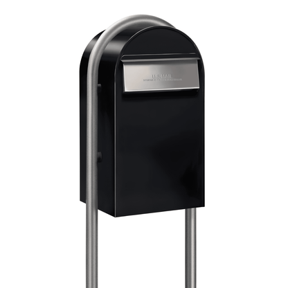 Bobi Grande B Rear Access Modern Locking Black Mailbox with Round Zinc Post Combo - Secure Small Parcel Delivery