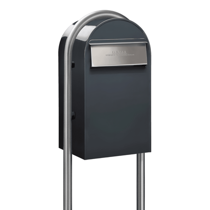 Bobi Grande B Rear Access Modern Locking Grey Mailbox with Round Zinc Post Combo - Secure Small Parcel Delivery